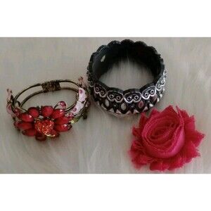 Lot of 2 Bangle Bracelets Colorful Rhinestones Butterflies Lady Bug Flowers GUC